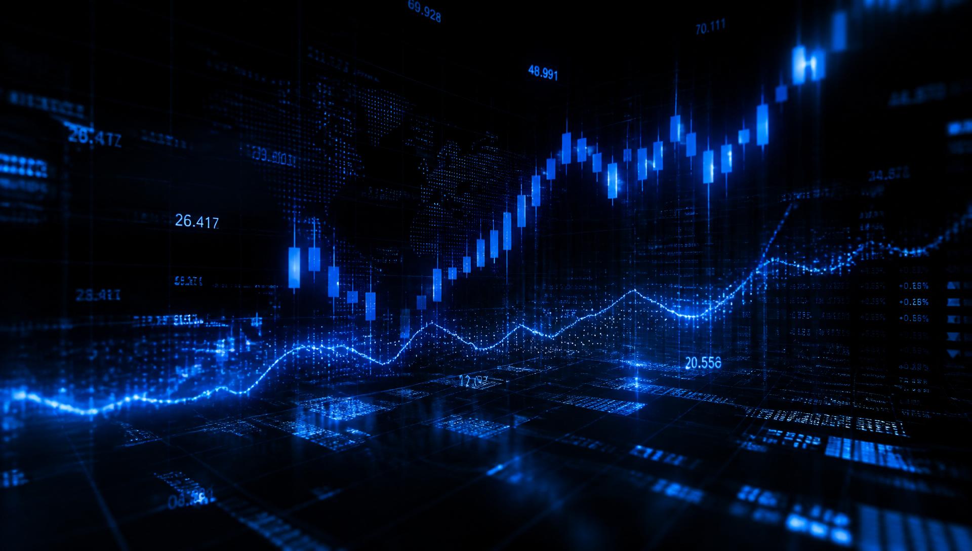 Gráficos financeiros em azul neon representando operações da A7 Capital